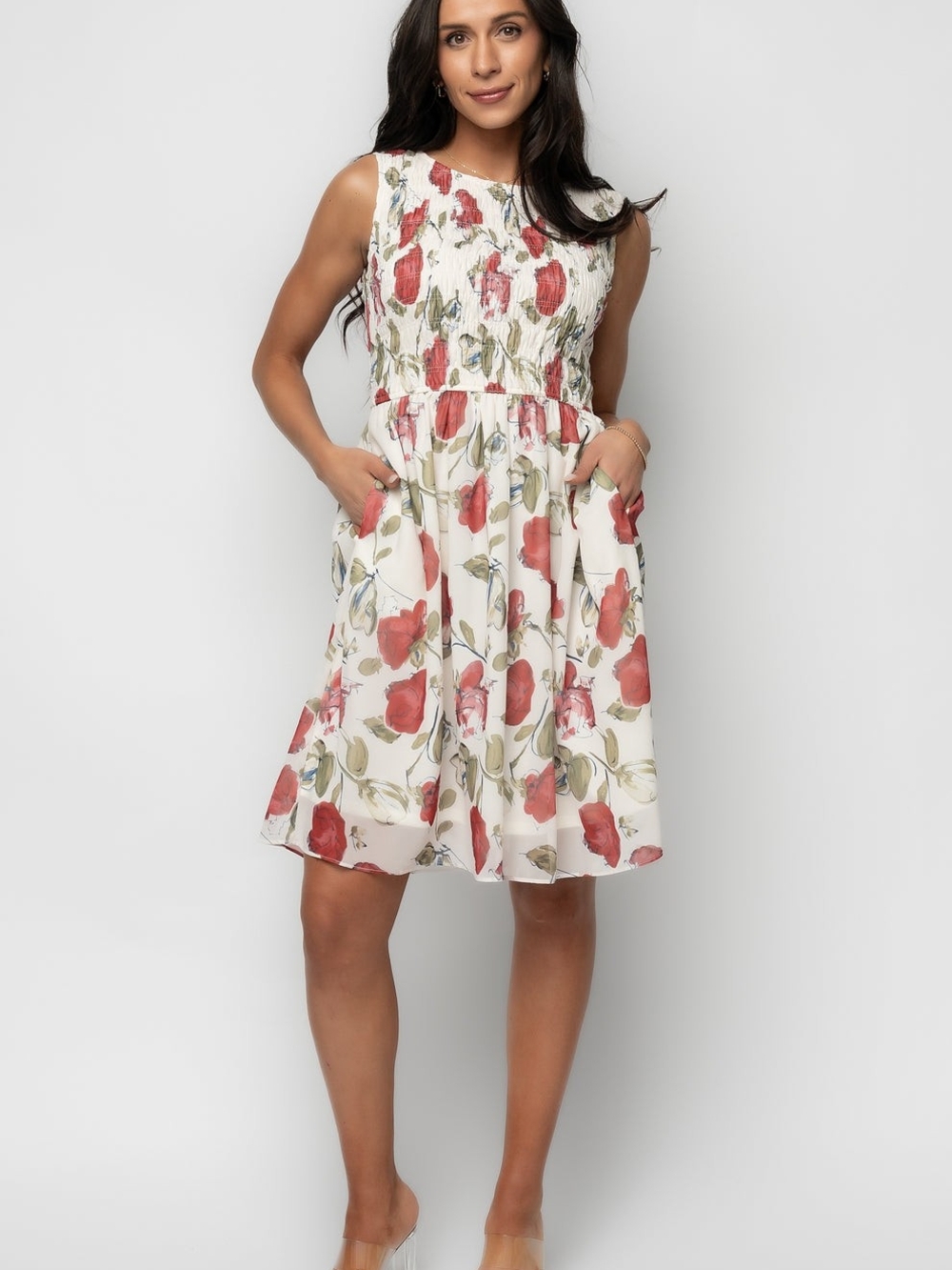 Baltic Born White Floral Smocked Mini Dress with Coral Print